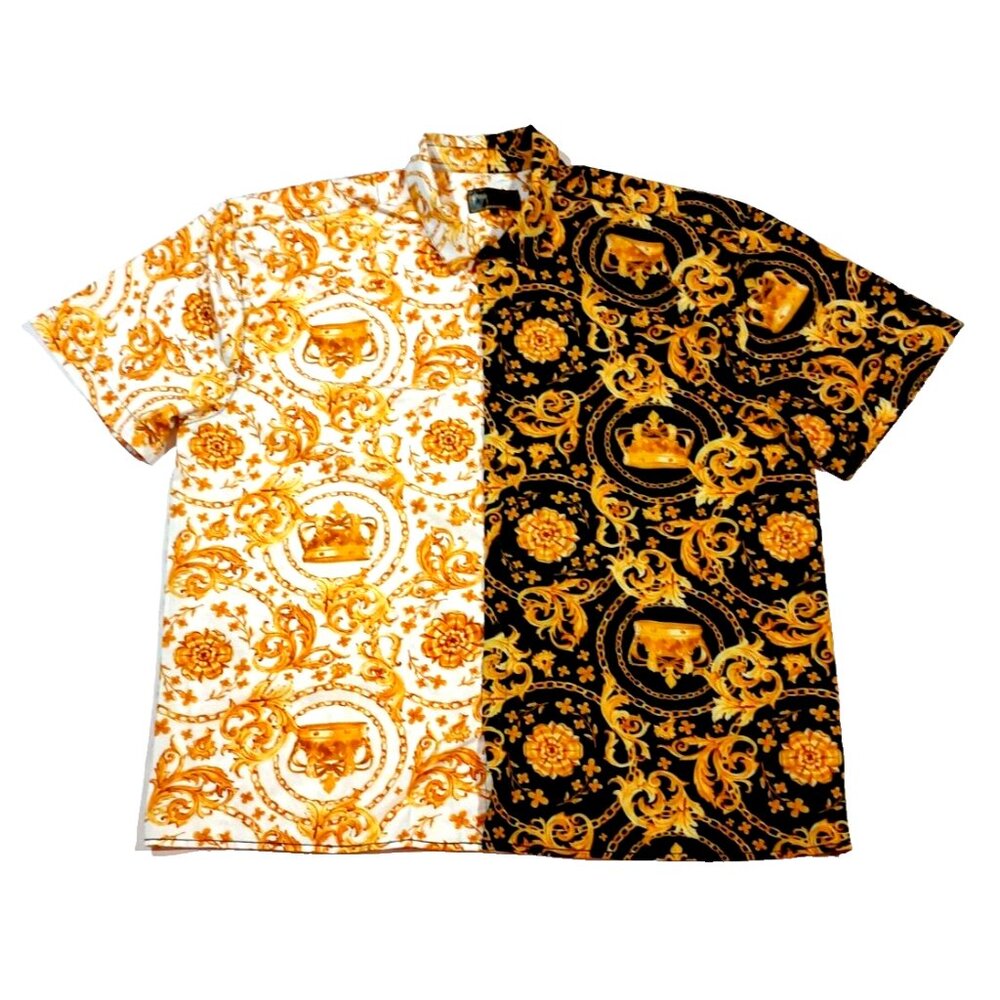 Baroque Gold Shirt Mens 4X Black Gold Chain Leaf Geometric Abstract Short Sleeve